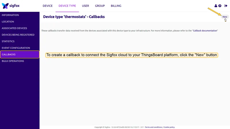 Sigfox Backend — Device type thermostats Callbacks tab, empty list with New button in upper right