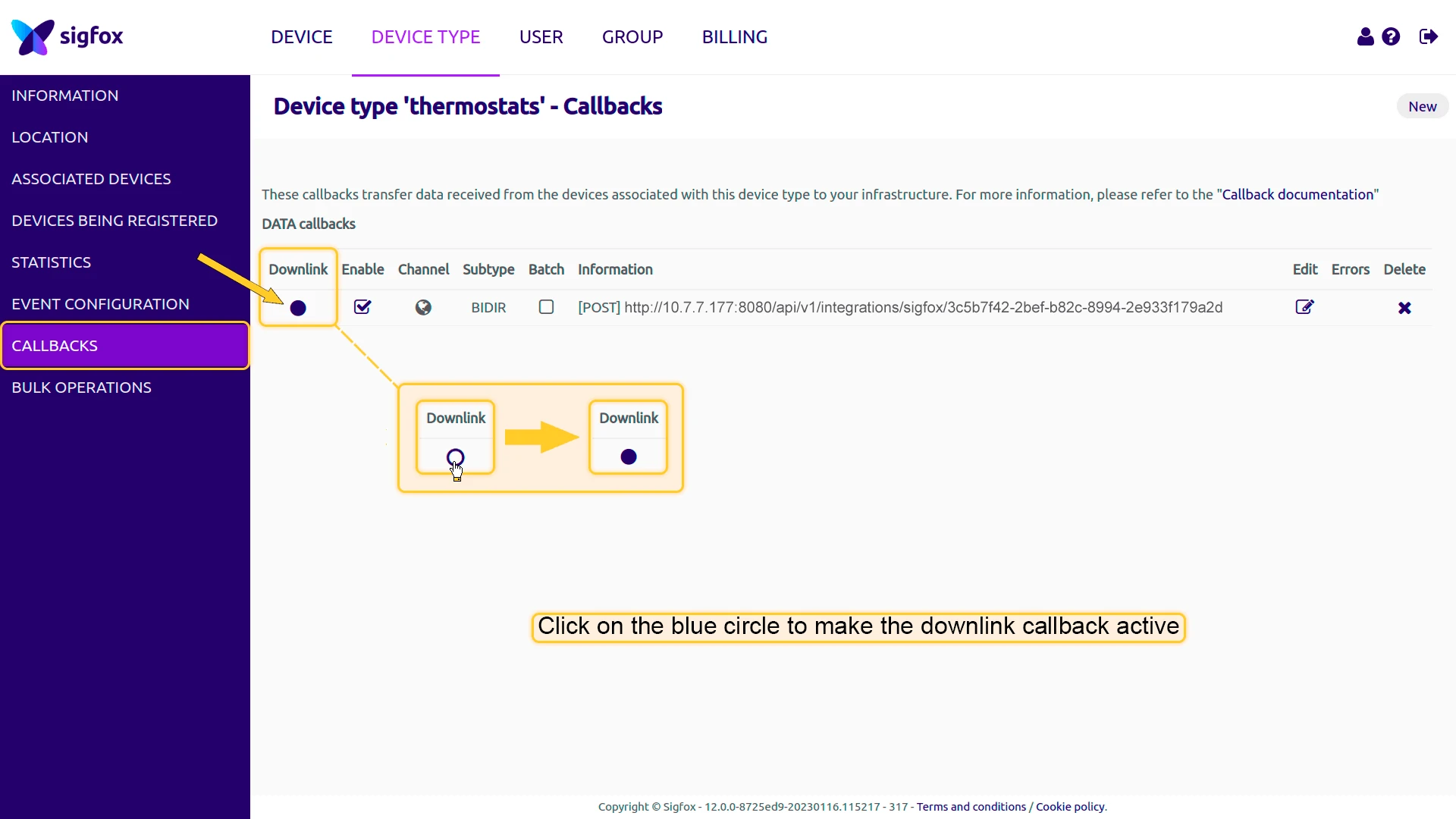 Sigfox Backend — Callbacks list showing the custom callback row with the Downlink toggle being clicked to activate it