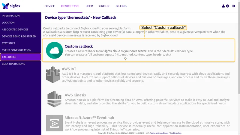 Sigfox Backend — New Callback type selection page with Custom callback highlighted