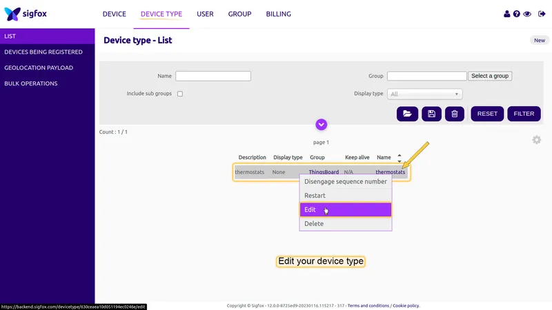 Sigfox Backend — Device type list with thermostats row context menu open, Edit highlighted
