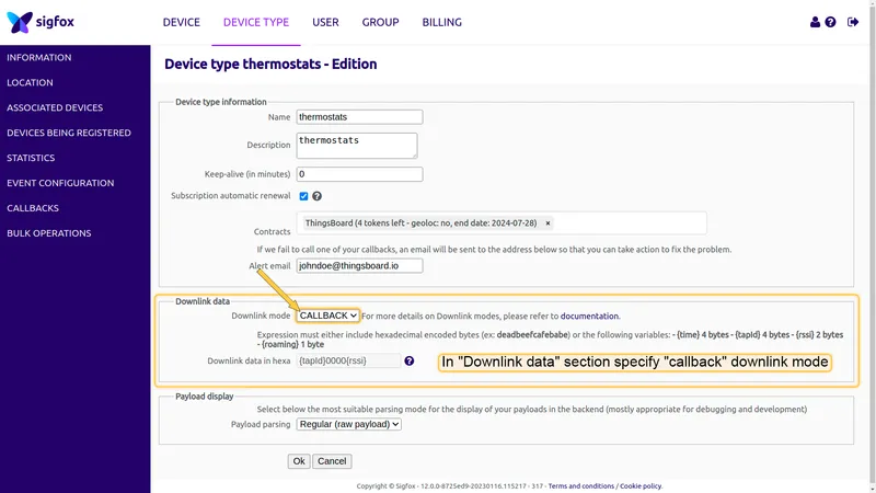 Sigfox Backend — Device type thermostats edition page with Downlink mode set to CALLBACK