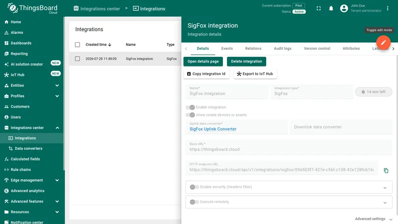 SigFox integration Details tab in view mode — Uplink data converter assigned, Downlink data converter empty, Toggle edit mode button in the top right