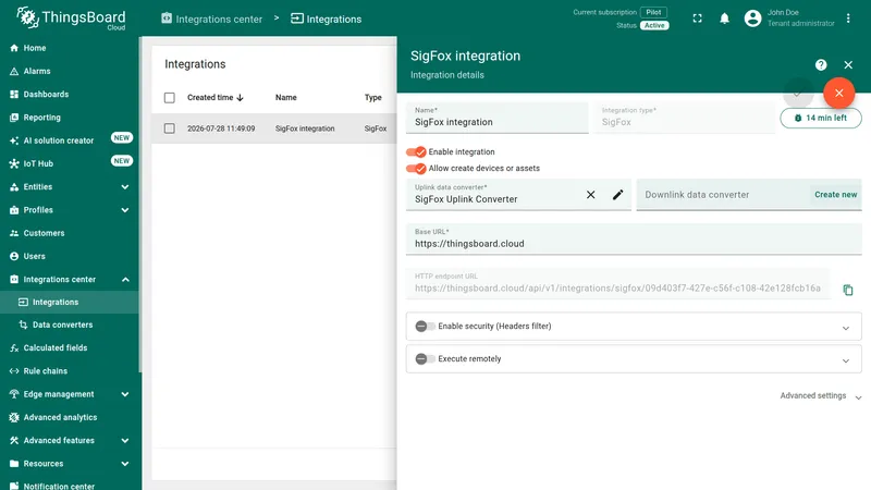 SigFox integration in edit mode — Downlink data converter field empty with a Create new link