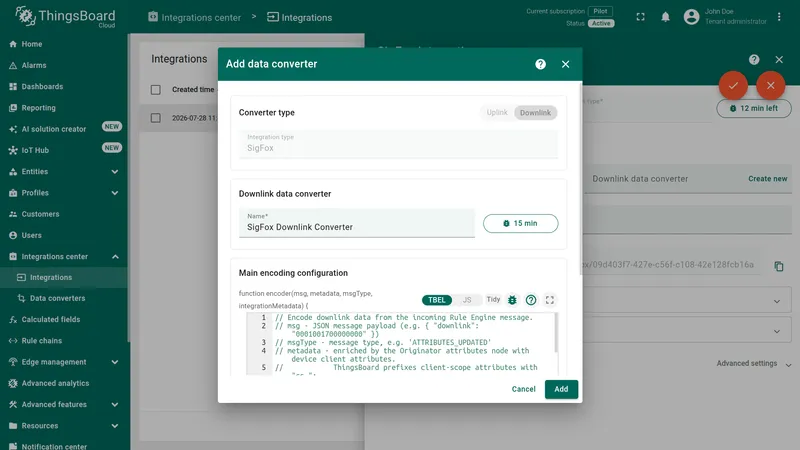 Add data converter dialog — Downlink type, Integration type SigFox, name SigFox Downlink Converter, Main encoding configuration showing the encoder function