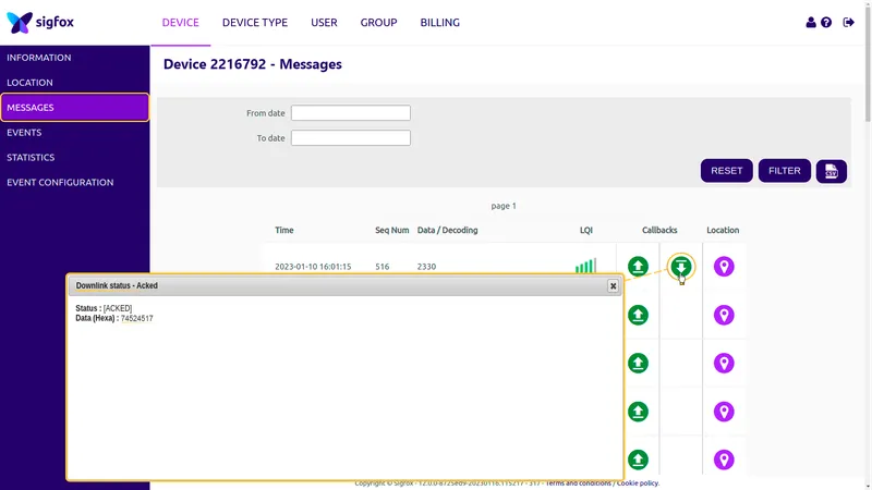 Sigfox Backend — device Messages tab showing Downlink status Acked with hex data 74524517