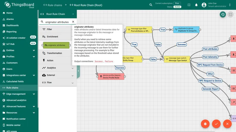 Root Rule Chain node panel — searching originator attributes, tooltip describing the node under the Enrichment category