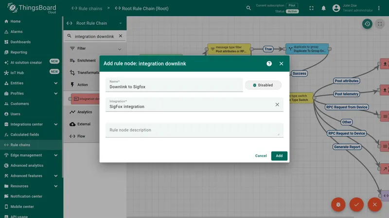 Add rule node: integration downlink dialog — name Downlink to Sigfox, Integration set to SigFox integration