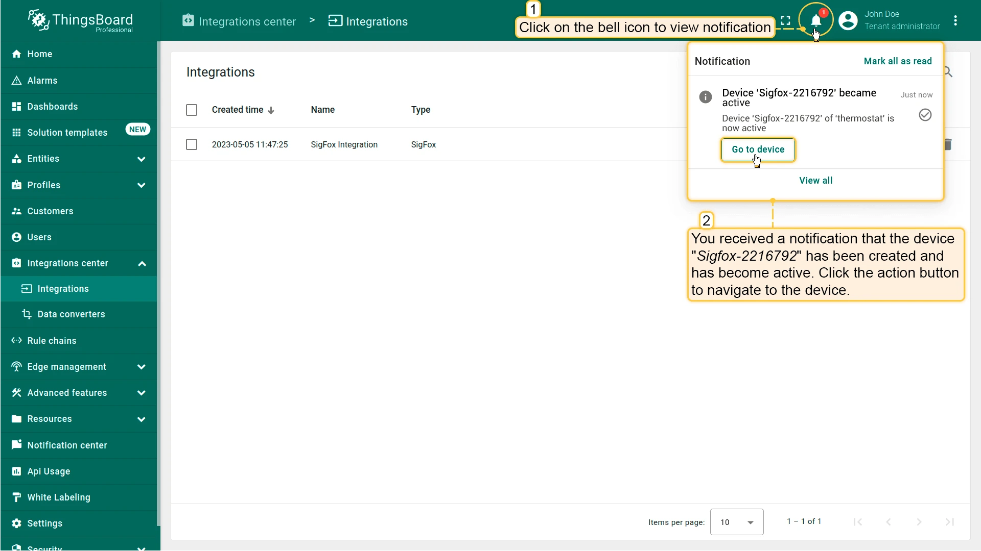 ThingsBoard notification panel showing device Sigfox-2216792 became active with Go to device button