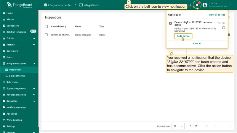 ThingsBoard notification panel showing device Sigfox-2216792 became active with Go to device button