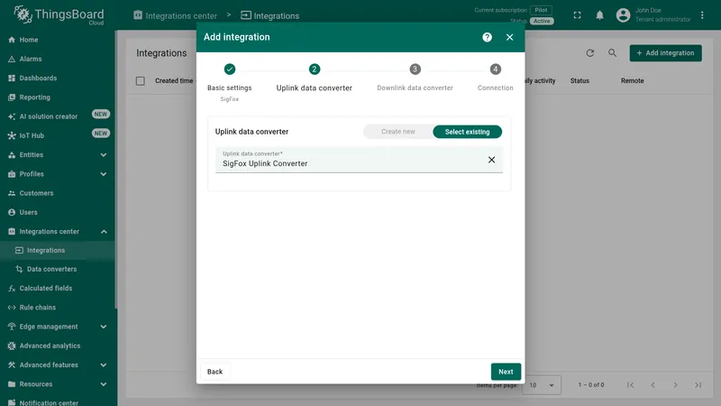Add integration wizard — Uplink data converter step: Select existing tab active with SigFox Uplink Converter selected