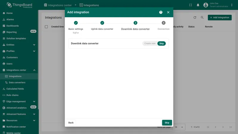 Add integration wizard — Downlink data converter step with Skip button highlighted