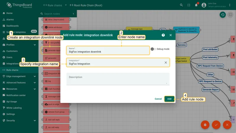 Root Rule Chain — Add rule node dialog with name SigFox integration downlink and SigFox Integration selected