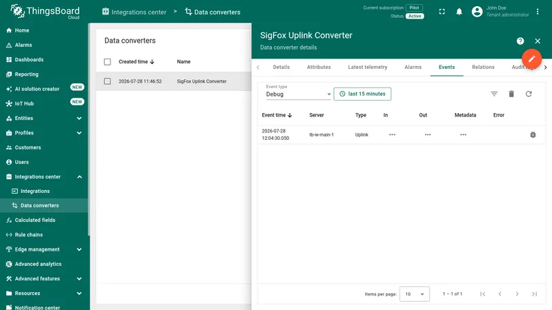 SigFox Uplink Converter Events tab — Debug event type, one row with Type Uplink