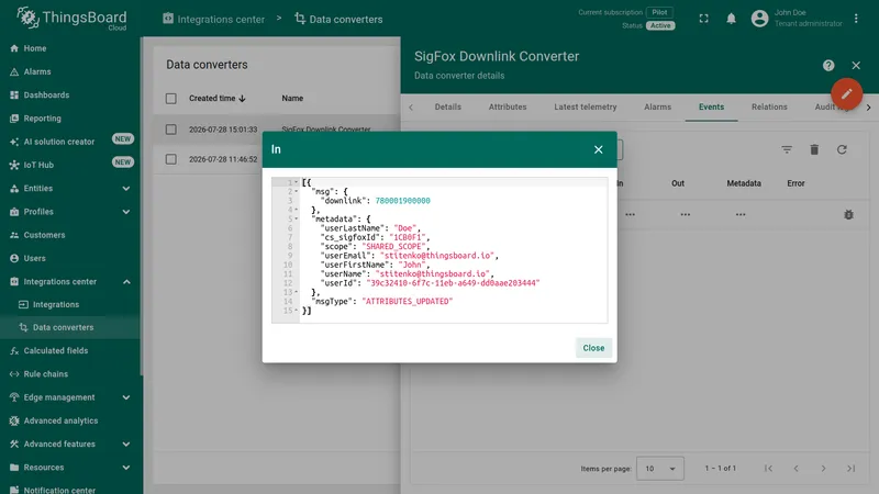 In dialog showing the message the converter received: msg.downlink 780001900000 and metadata including cs_sigfoxId