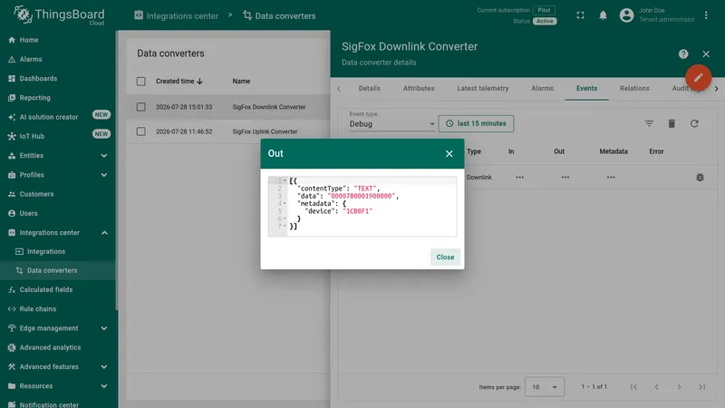 Out dialog showing the encoded result: contentType TEXT, data 0000780001900000, metadata.device 1CB0F1