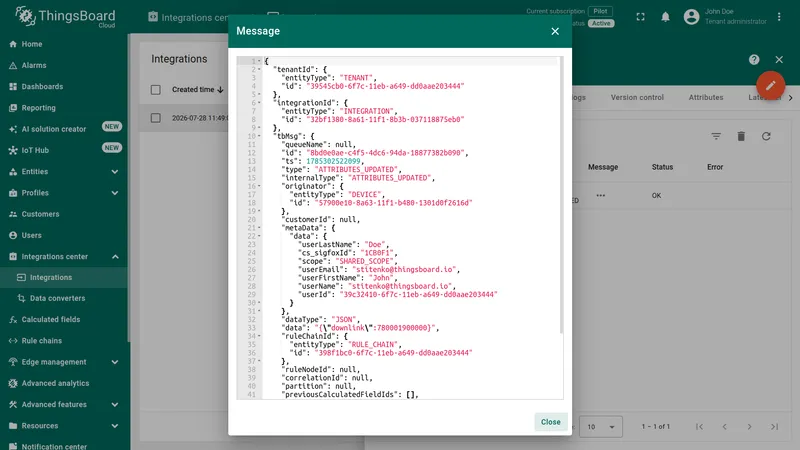 Message dialog for the ATTRIBUTES_UPDATED event — rule-engine message including metadata.cs_sigfoxId