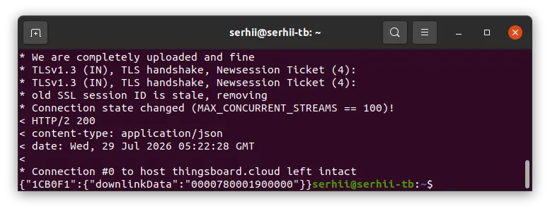 Terminal showing curl response HTTP/2 200 with body {"1CB0F1":{"downlinkData":"0000780001900000"}}