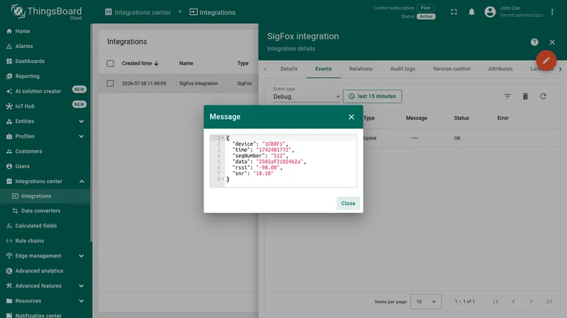 Message dialog showing the raw JSON body received from the Sigfox Backend: device, time, seqNumber, data, rssi, snr fields
