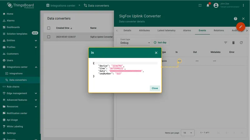 Uplink converter Events tab — In block showing raw Sigfox JSON message with device, time, data, seqNumber fields