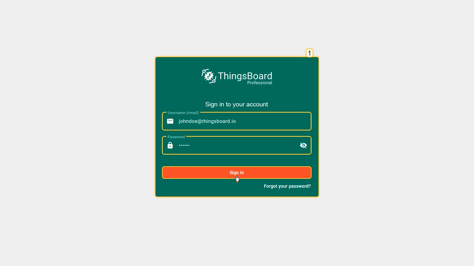 ThingsBoard sign-in page with username and password fields