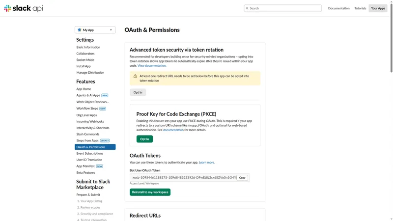 Bot User OAuth Token ready to copy