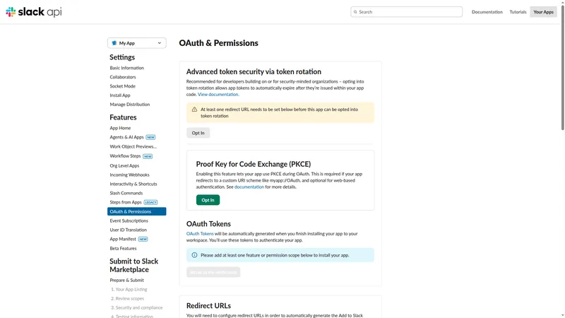 App configuration — OAuth & Permissions in the left sidebar