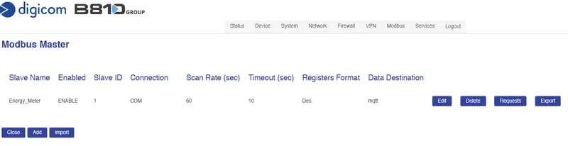 Requests button on the Modbus Master profile row