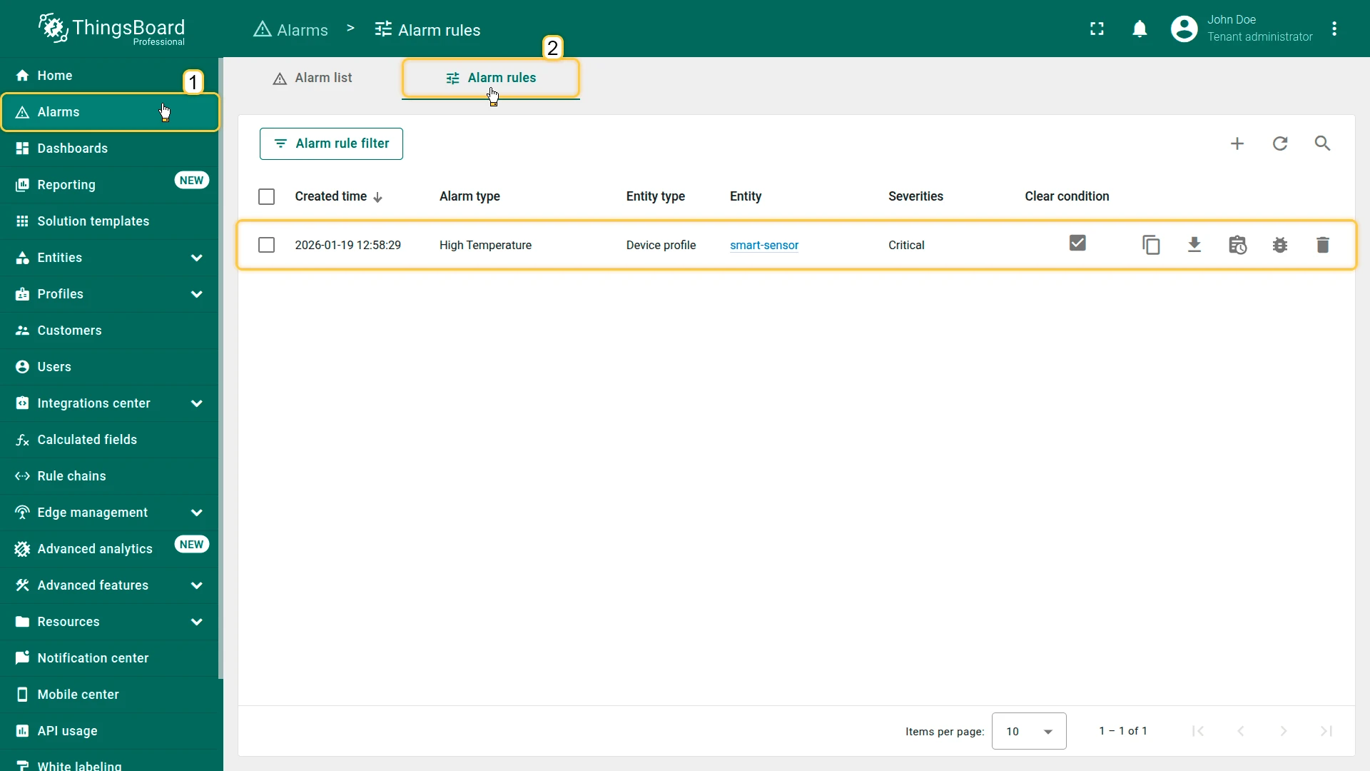 Alarm rules configured in the smart-sensor device profile