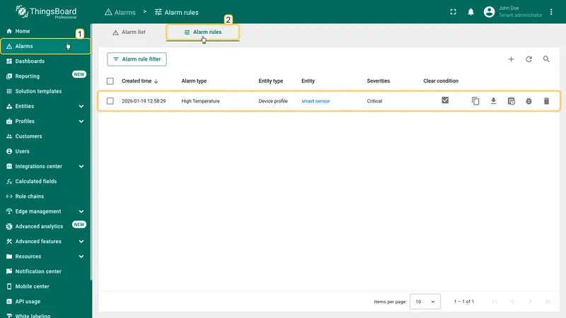Alarm rules configured in the smart-sensor device profile