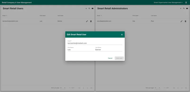 User management view with edit user dialog