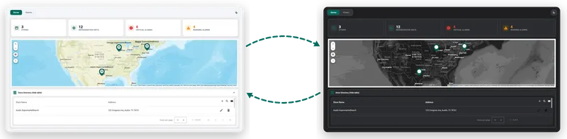 The admin chain-wide stores overview, in light and dark