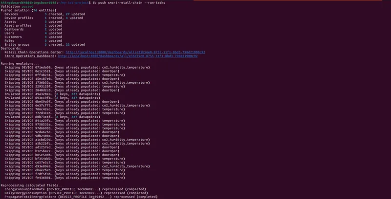 Re-push output: 3 energy meters created, existing entities updated in place, emulators seeding the new meters, calculated fields reprocessed