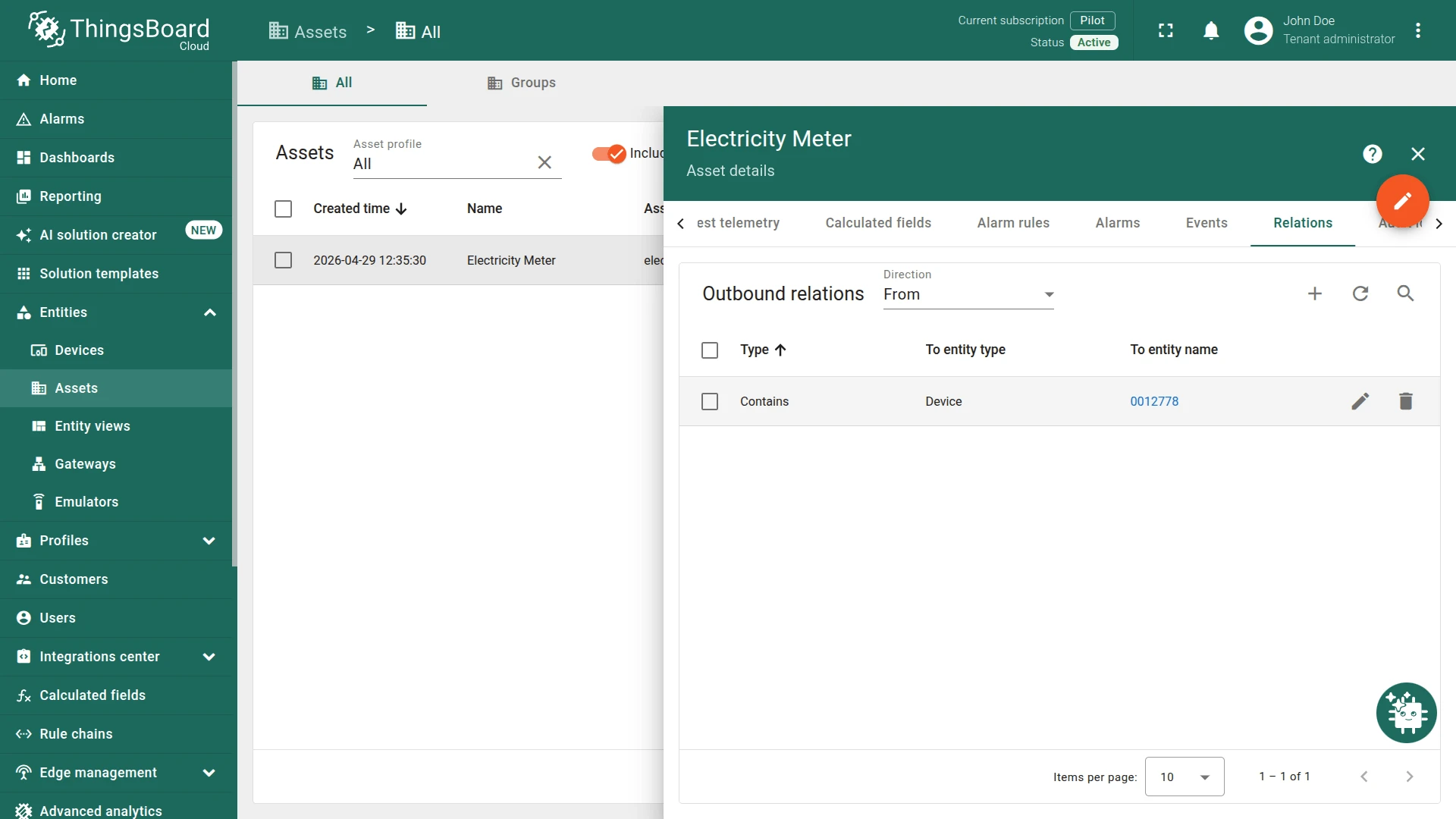 Asset Relations tab with device 0012778 linked to the electricity meter asset