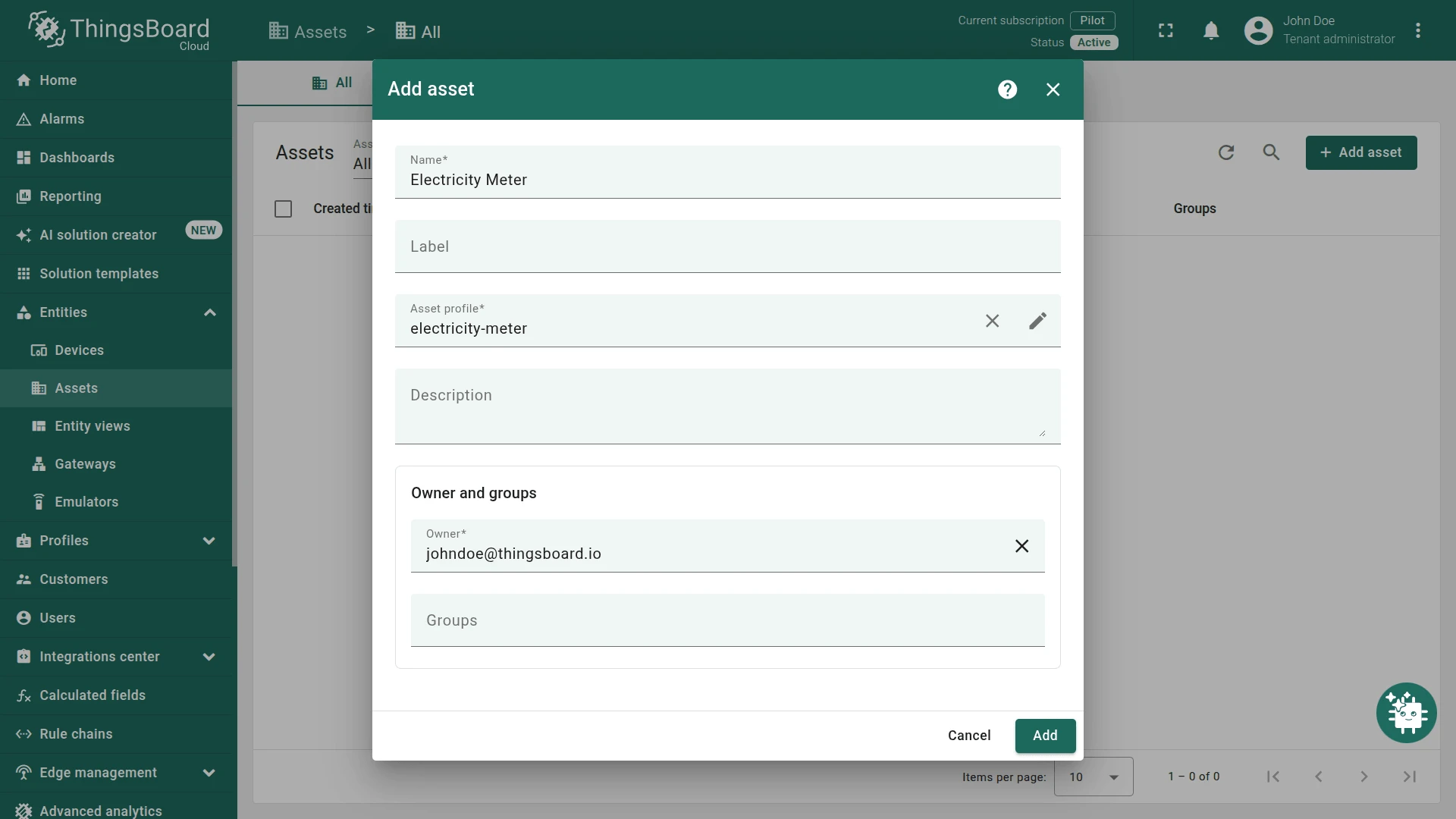 ThingsBoard Assets page creating a new electricity meter asset