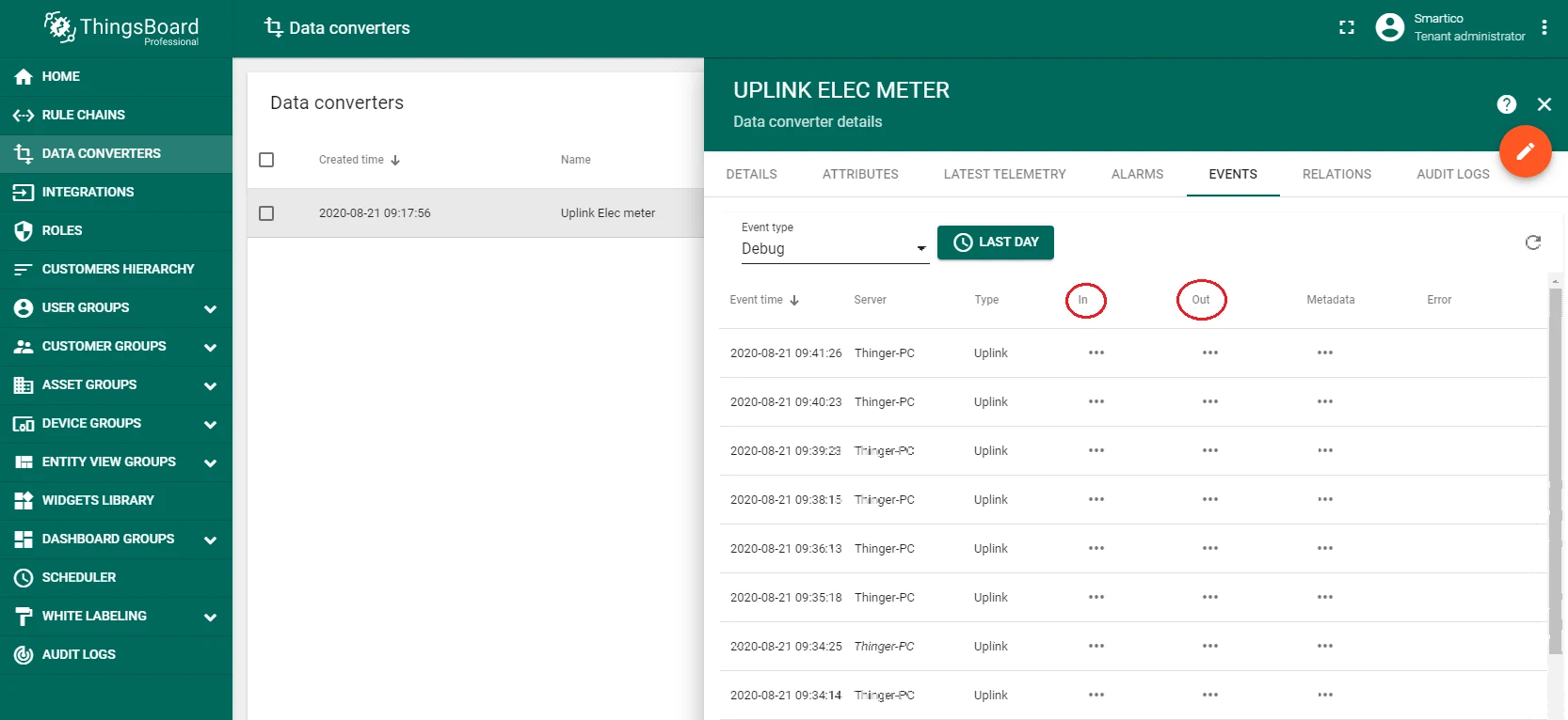 ThingsBoard Devices page showing auto-created device 0012778