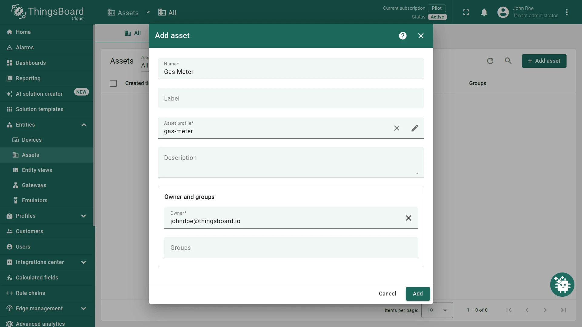 ThingsBoard Assets page creating a new gas meter asset