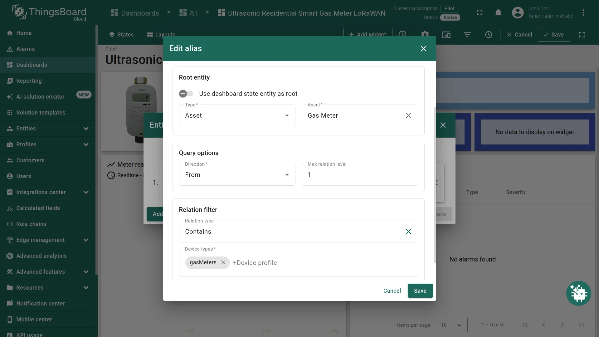 Dashboard alias configuration linking the widget to the Gas Meter asset
