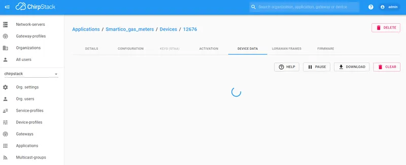 ChirpStack device page showing live data frames from device 12676