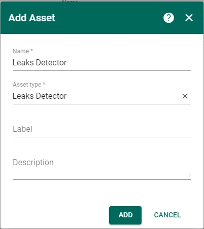 ThingsBoard Assets page creating a new leaks detector asset