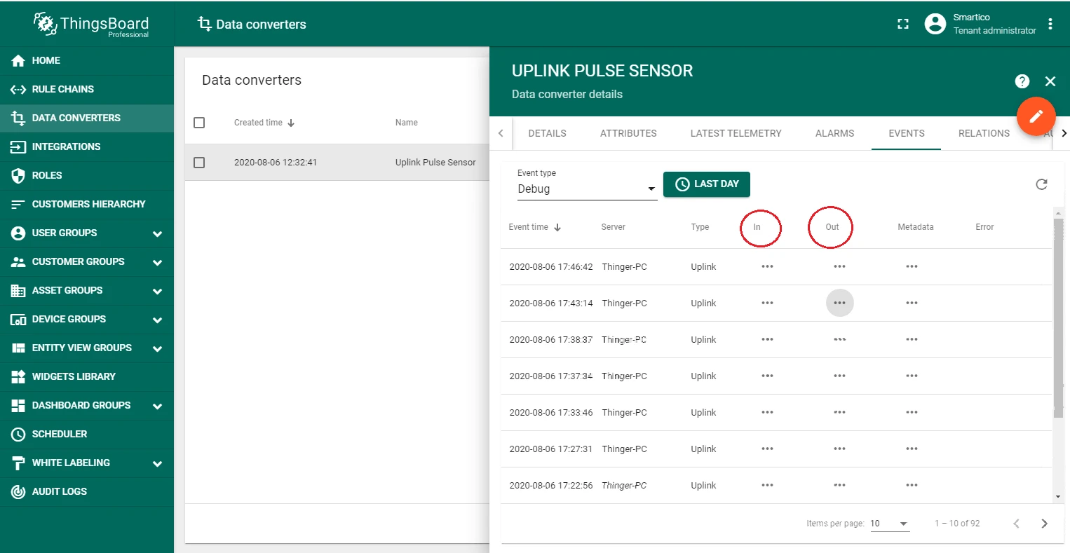 ThingsBoard Devices page showing auto-created device 012685