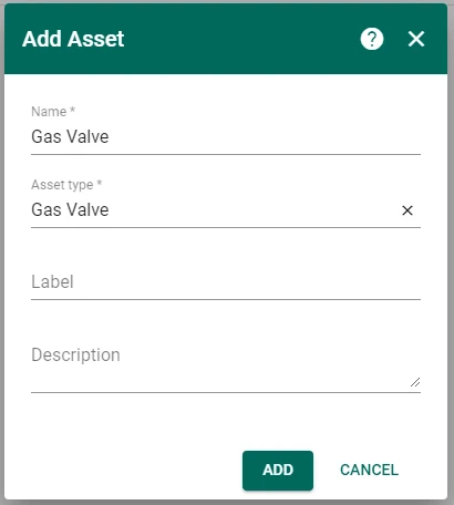 ThingsBoard Assets page creating a new gas valve asset