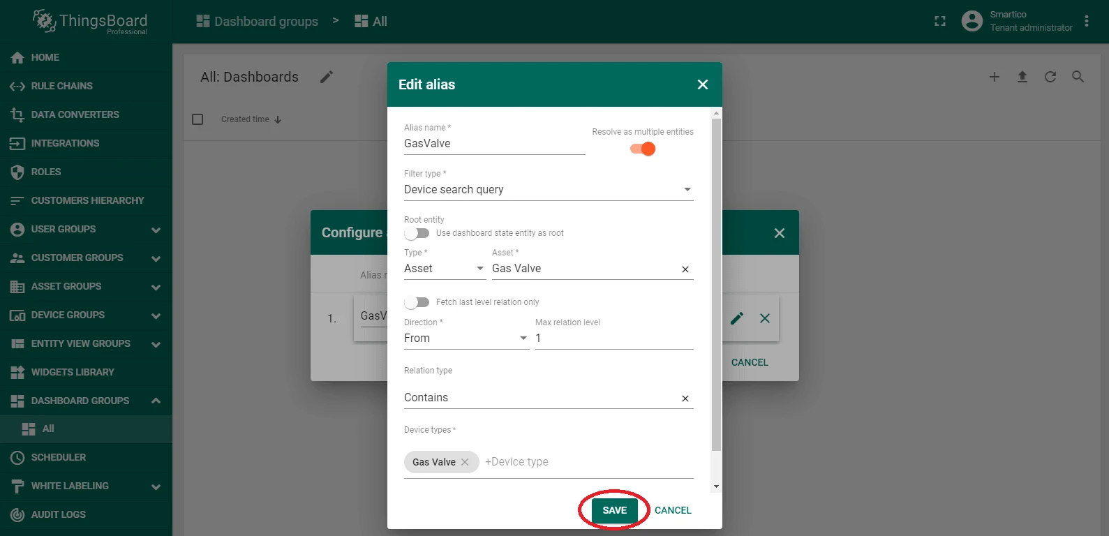 Dashboard alias configuration linking the widget to the Gas Valve asset
