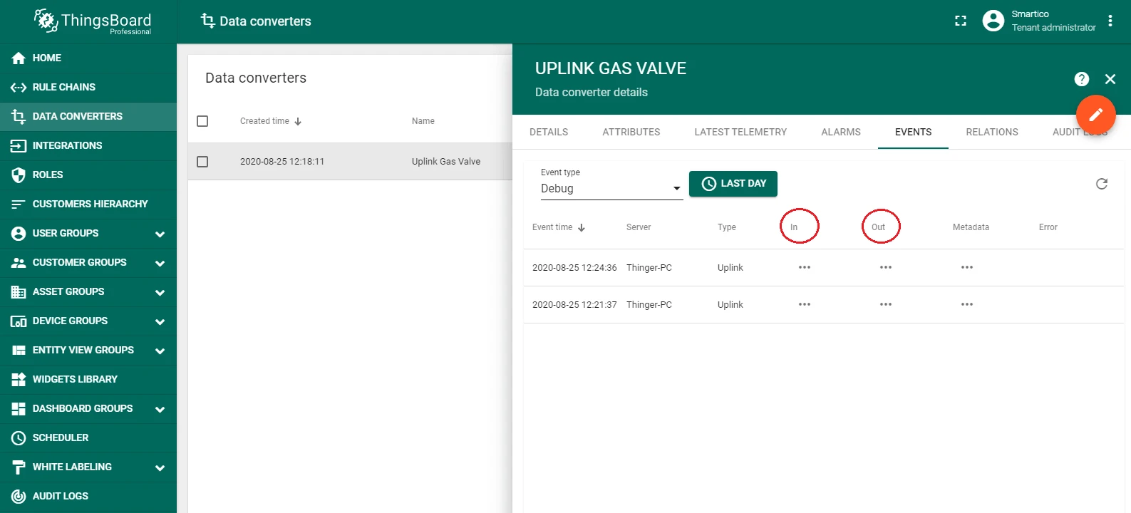 ThingsBoard Devices page showing auto-created device 0000129