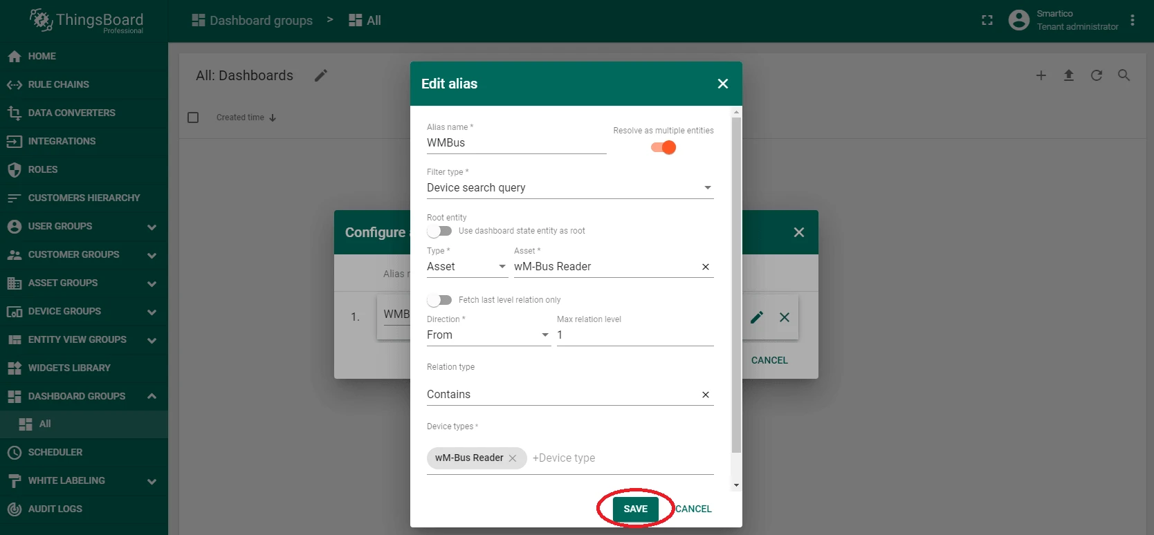 Dashboard alias configuration linking the widget to the wM-Bus Reader asset