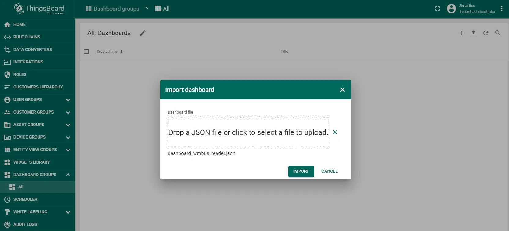 ThingsBoard Dashboards page with the Smartico WM-LR dashboard imported