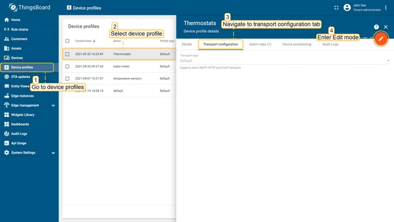 SNMP device profile transport settings