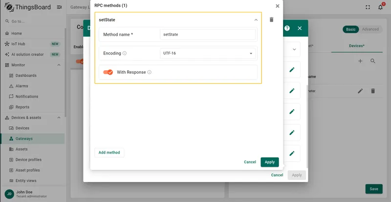 Fill in the RPC method name, encoding, and response flag