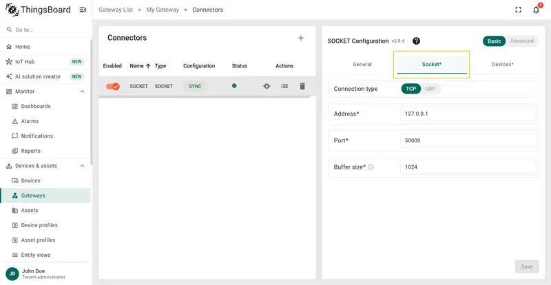 Socket section in Basic configuration mode