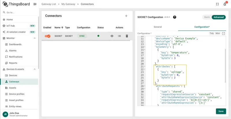 Attributes section in Advanced configuration mode