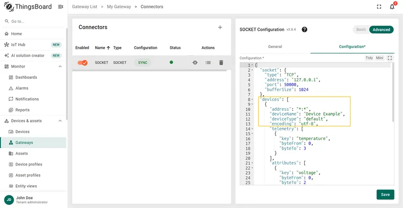 Device subsection in Advanced configuration mode